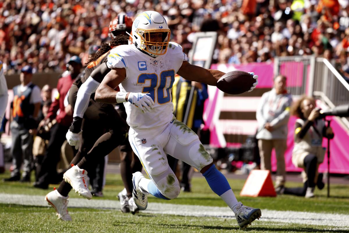 Chargers running back Austin Ekeler scored a touchdown during a win over the Cleveland Browns.
