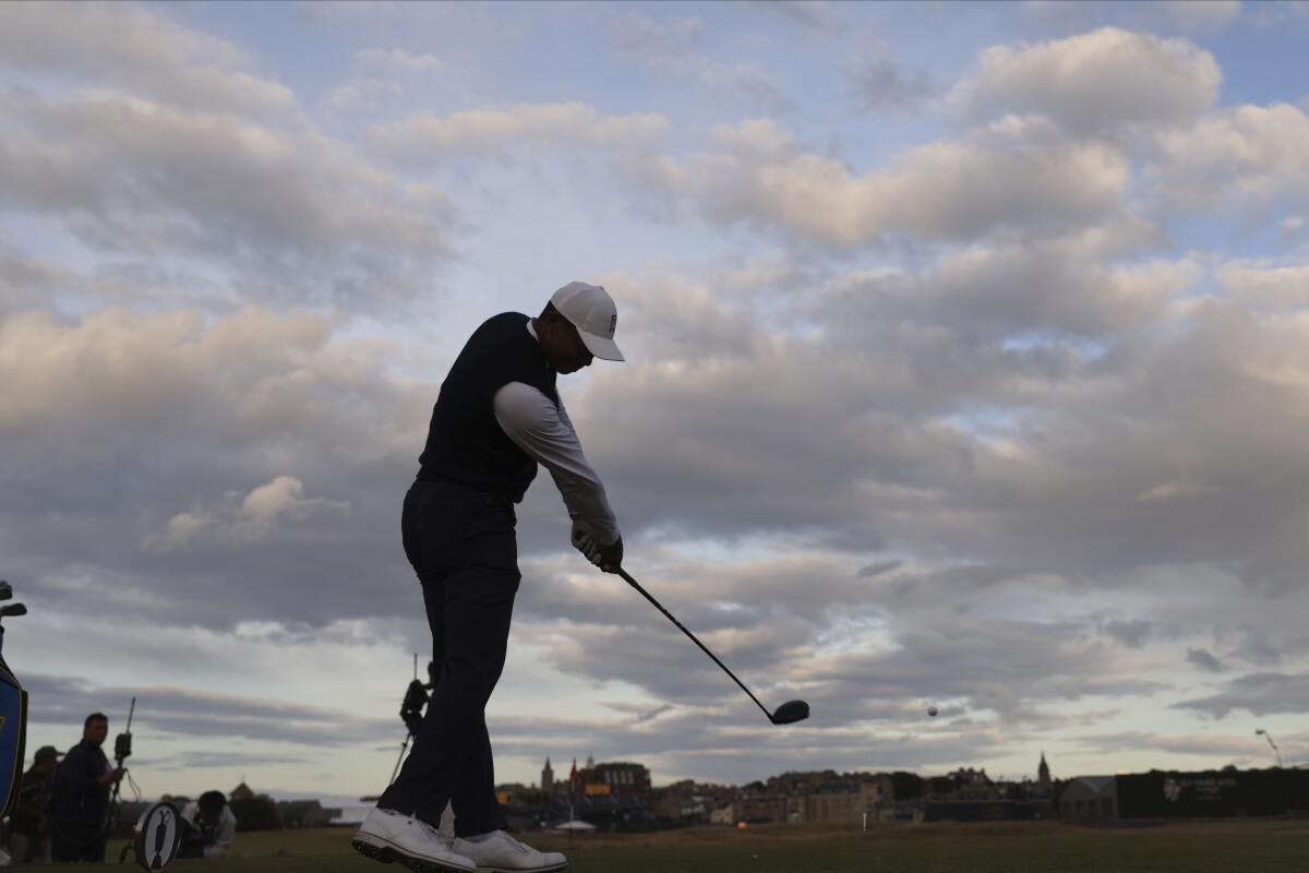 Tiger Woods plays off the 17th tee during the first round of the British Open on Thursday.