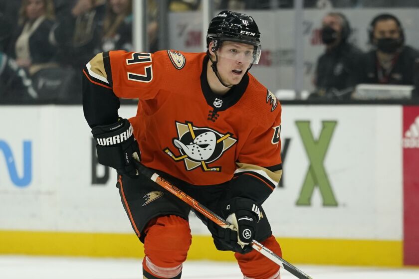 Anaheim Ducks defenseman Hampus Lindholm (47) controls the puck during