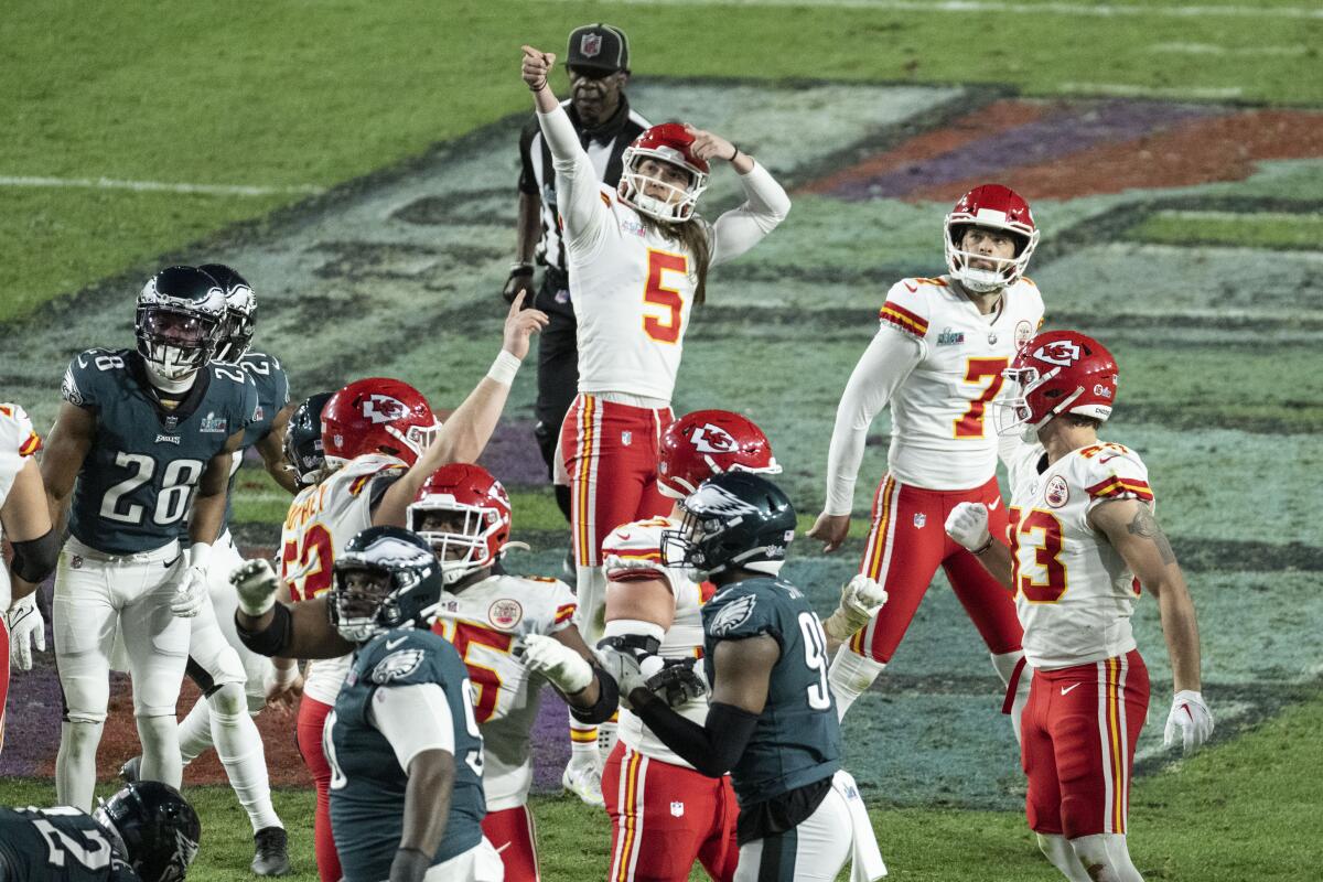 Chiefs place kicker Harrison Butker (7) watches his game-winning field goal in Super Bowl VII against the Eagles.