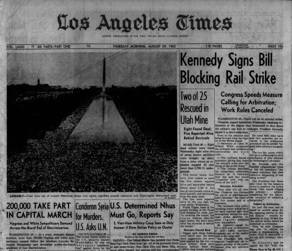 The front page of the Aug. 29, 1963, Los Angeles Times