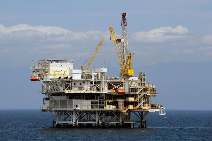 This May 1, 2009 photo, shows the offshore oil drilling platform "Gail", operated by Venoco, Inc., off the coast near Santa Barbara, Calif. Leaders in the California Senate say they are introducing legislation to thwart President Donald Trump's attempts to expand offshore drilling through an executive order he signed Friday, April 28, 2017. (AP Photo/Chris Carlson)