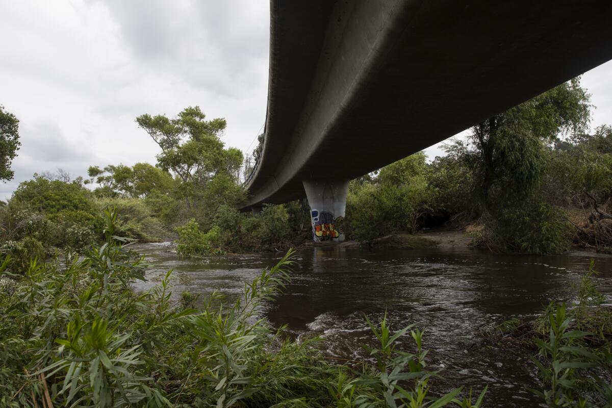 The San Diego River flows Monday after Tropical Storm Hilary moved through the region.