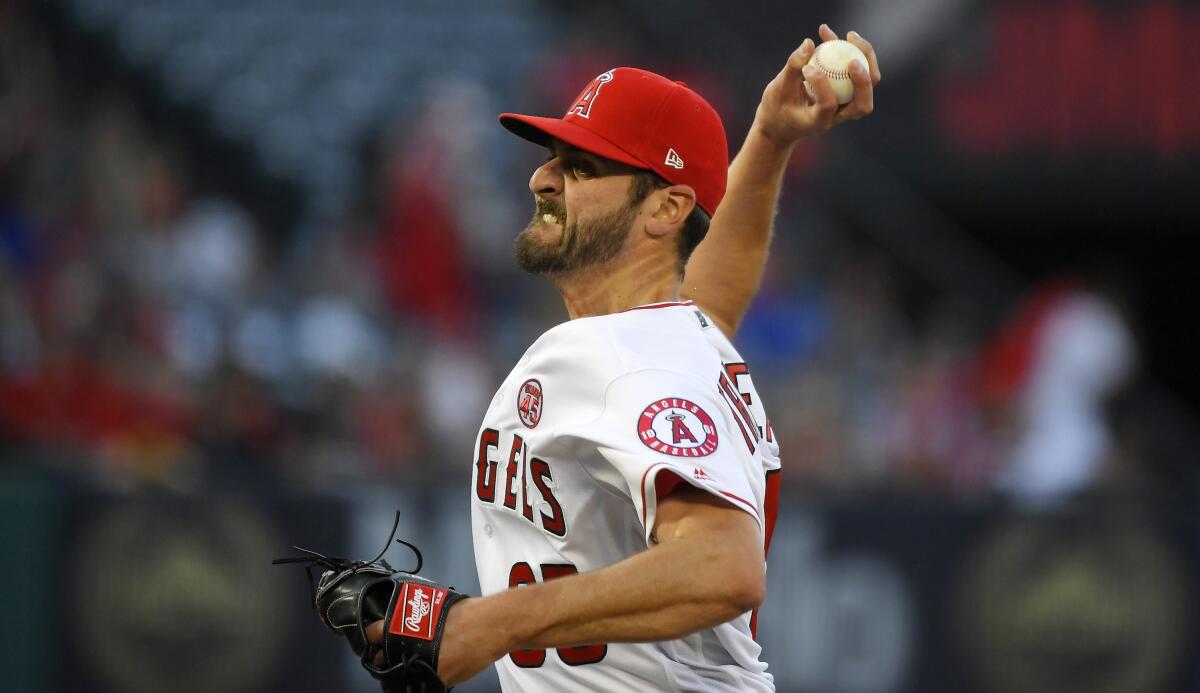 Angels starter Nick Tropeano delivers during the first inning of the Angels' 9-3 loss to the Baltimore Orioles on Friday.