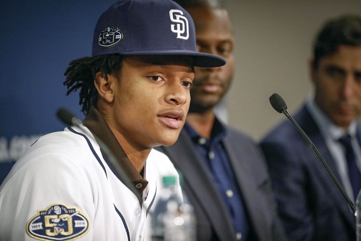 C.J. Abrams, the Padres' first-round selection, and sixth overall pick in the 2019 First-Year Player Draft, answers questions during a press conference at Petco Park where we was introduced, June 8, 2019.