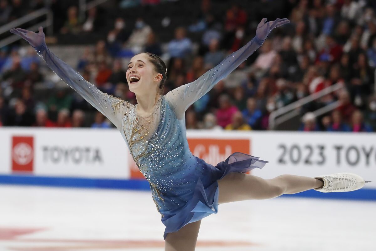 Isabeau Levito performs during the women's free skate at the U.S. figure skating championships Friday.