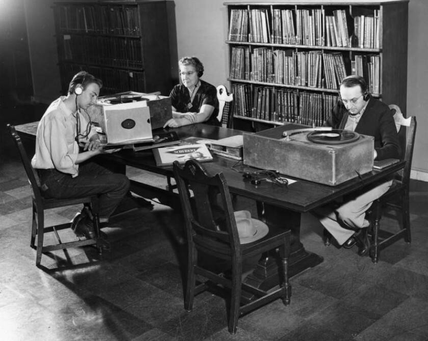 Visitors listen to music at the Los Angeles Public Library in this undated photo.