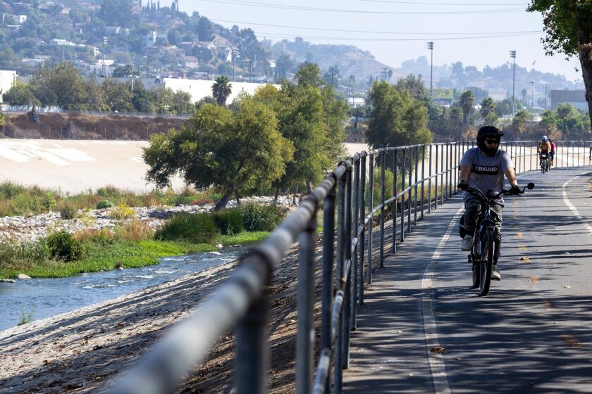 Los Angeles, CA - October 13: Cyclists on the Los Angeles River Bike Path near Lewis MacAdams Riverfront Park in Frogtown neighborhood on Sunday, Oct. 13, 2024 in Los Angeles, CA. The "Frogtown Flea Crawl" has recently emerged as a flashpoint in the neighborhood debate over gentrification. (Brian van der Brug / Los Angeles Times)