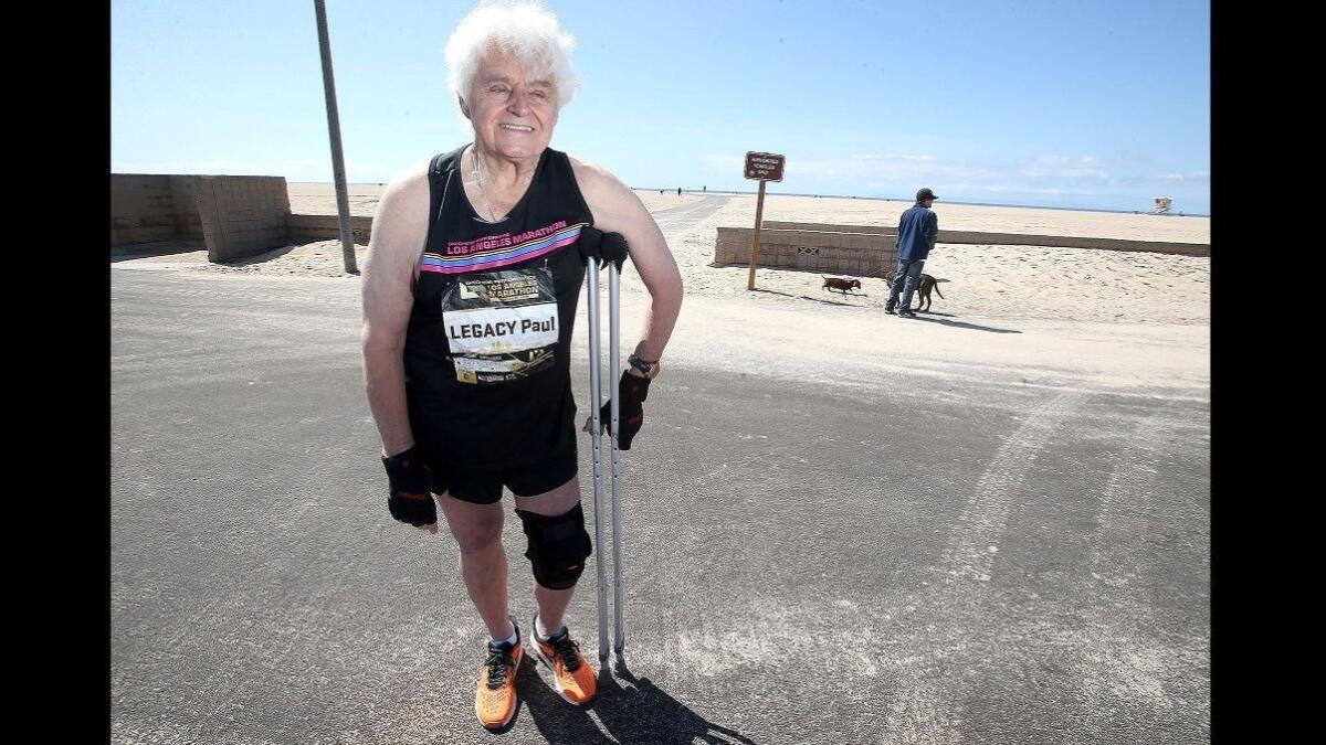 Paul Brestyanszky, 76, of Huntington Beach has run the Los Angeles Marathon each of its 33 years, making him a legacy runner. This year, Brestyanszky hurt his knee, so he's going to do the marathon on crutches to keep his streak alive.