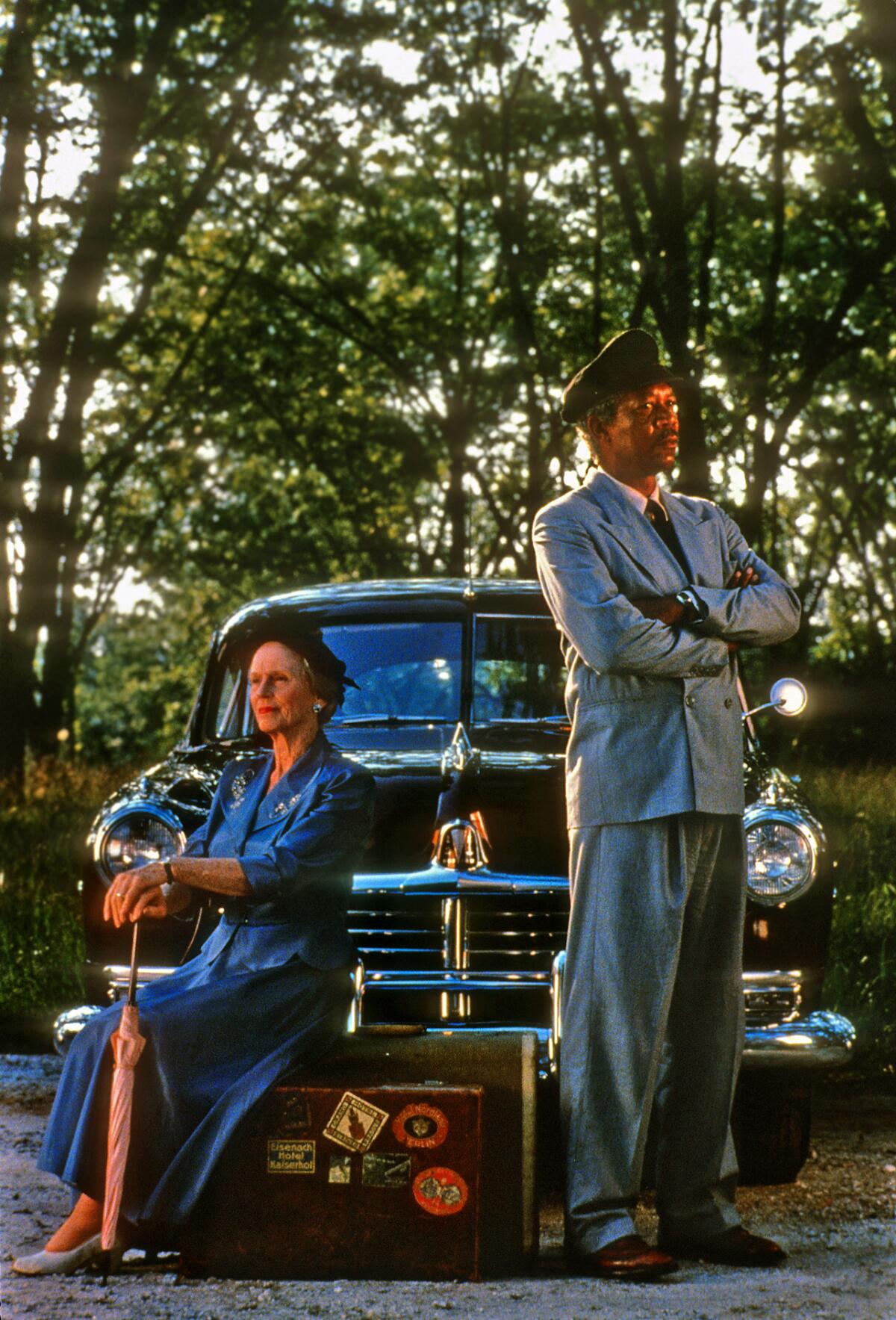 Jessica Tandy and Morgan Freeman in the movie "Driving Miss Daisy."