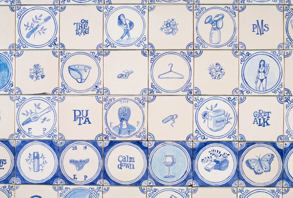 Detail of Elyse Pignolet's "I Am a Woman" ceramic tile installation, 2019. The full work measures nearly 9.5 feet by about 14.5 feet.