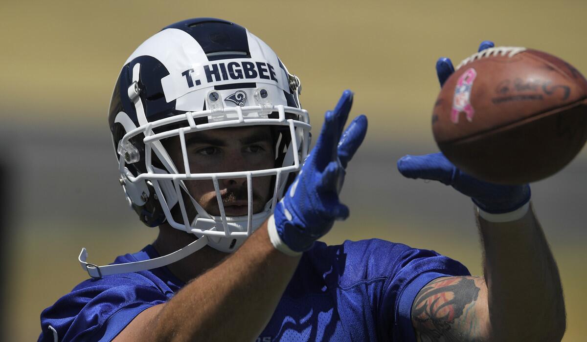 Rams tight end Tyler Higbee makes a catch during practice in Thousand Oaks.