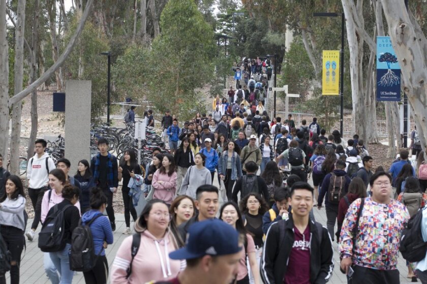 Students move between classes at the center of campus at UC San Diego