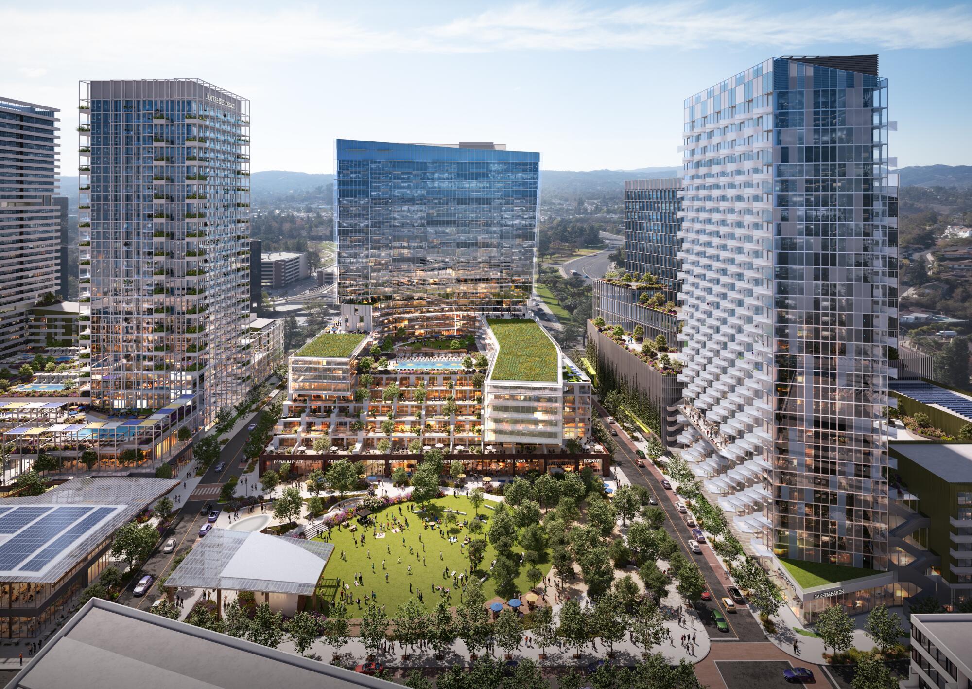 Bir sanatçının Woodland Hills'teki Warner Center'da önerilen bir iş ve konut projesini sunması.