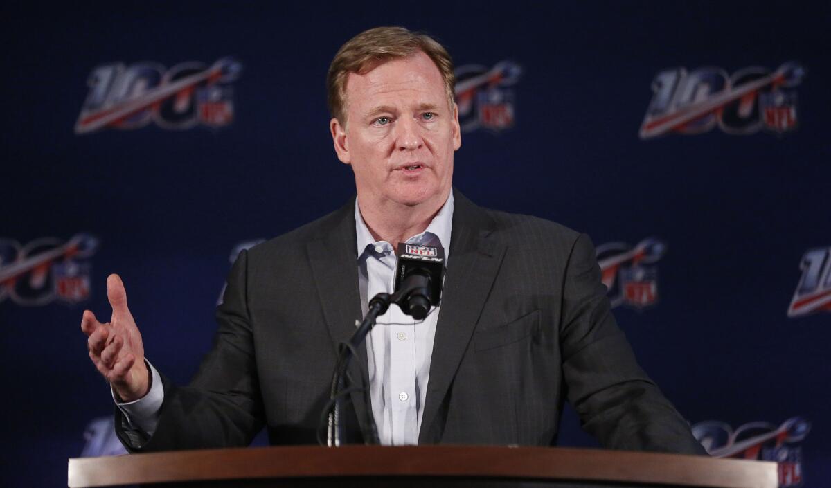 In this May 22, 2019, photo, NFL Commissioner Roger Goodell speaks during the league owners meeting in Key Biscayne, Fla.
