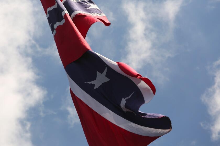 A flag waves in the wind at the Confederate Memorial Park in Tampa, Fla.