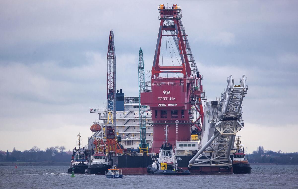 The Russian pipe-laying vessel Fortuna gets into position at a German port in January 2021.