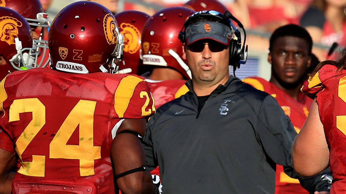 USC Coach Steve Sarkisian looks on during the final moments of a win over Notre Dame at the Coliseum on Nov. 29.