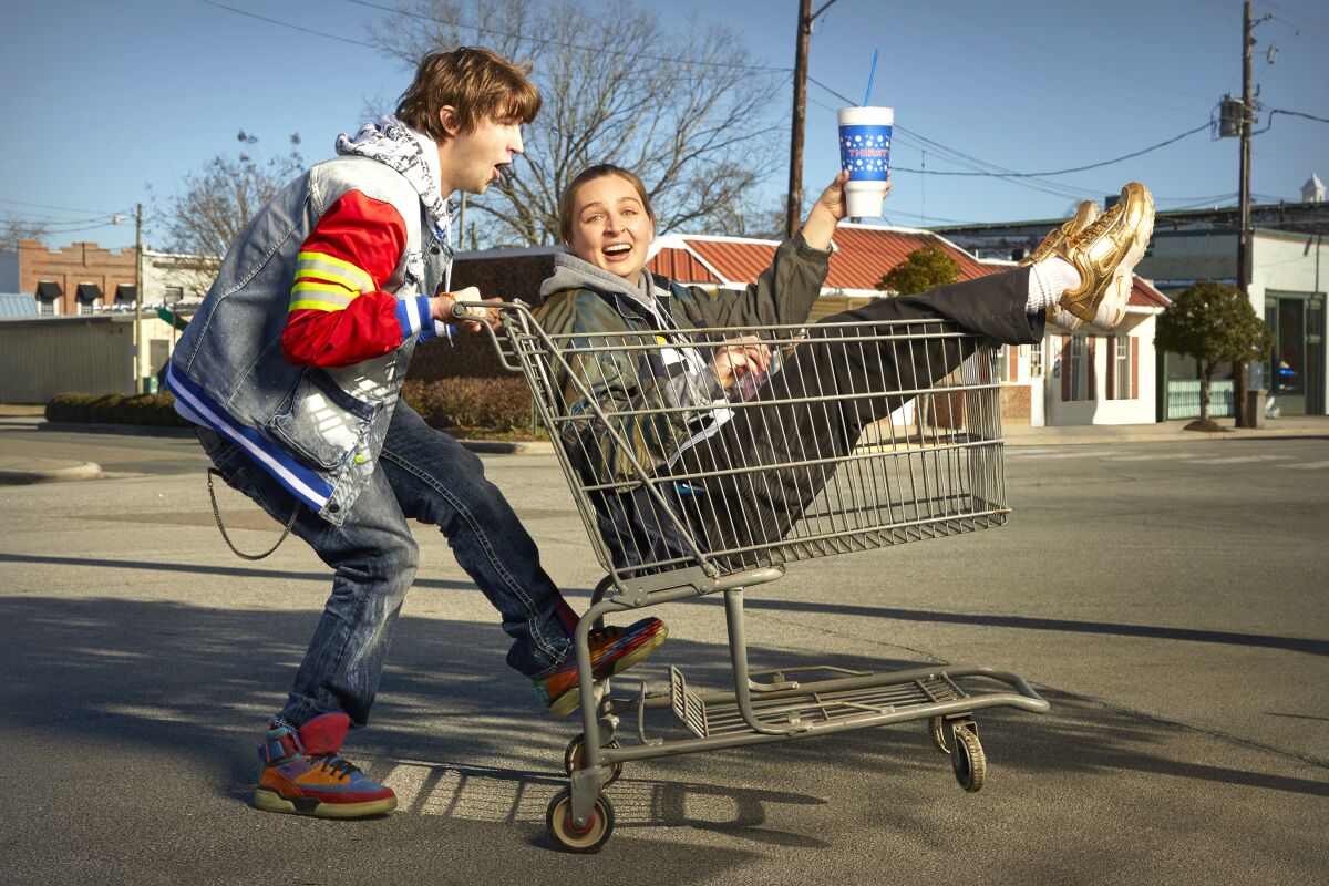 Sam Straley and Holme in a scene from the Fox sitcom, "Welcome to Flatch."