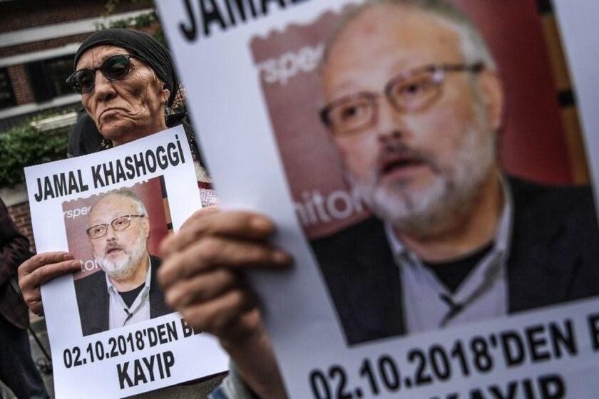 Protesters rally outside the Saudi Consulate in Istanbul, Turkey, where journalist Jamal Khashoggi was killed Oct. 2.