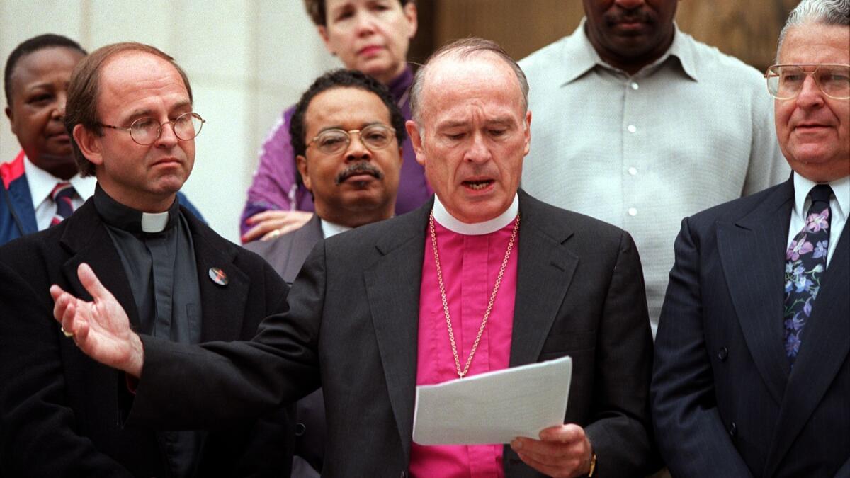 Then-Bishop Frederick Borsch of the Episcopal Diocese of Los Angeles describes the violent 1998 death of college student Matthew Shepard of Wyoming during a demonstration at the federal building in downtown Los Angeles.