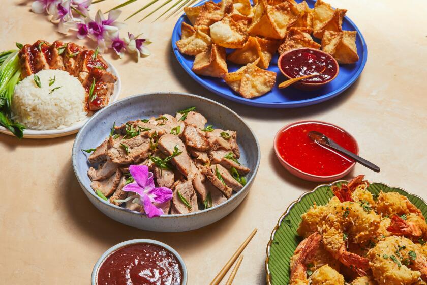 EL SEGUNDO, CA - Thursday, July 27, 2023: Recipe photoshoot for Tiki party food: crab Rangoons, sweet and sour pork tenderloin and fried shrimp, made at the LA Times Test Kitchen in El Segundo. (Kell Lorenz / For The Times)