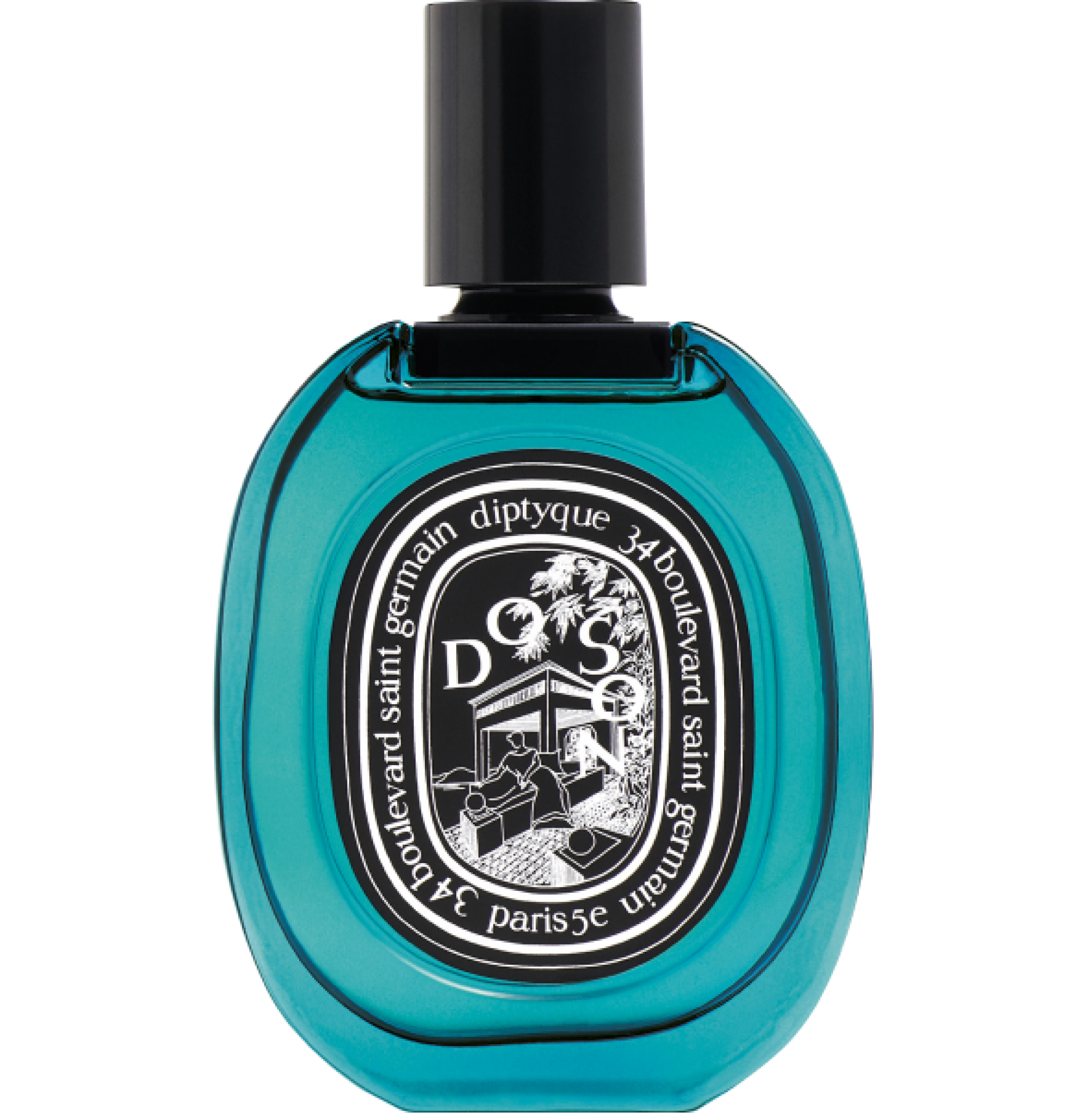 A round blue Diptyque perfume bottle with a black label that reads ”Do Son” with the Paris address of Diptyque
