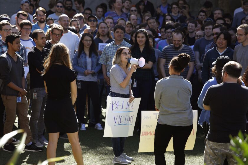 VENICE CA NOVEMBER 1, 2018 -- Google employees in Venice joined their counterparts around the world and staged a mass walkout Thursday, November 1, 2018, in protest of sexual misconduct at the company. (Jay L. Clendenin / Los Angeles Times)