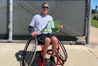 Daniel Lombardo, 26, of Oceanside in an adaptive wheelchair tennis chair
