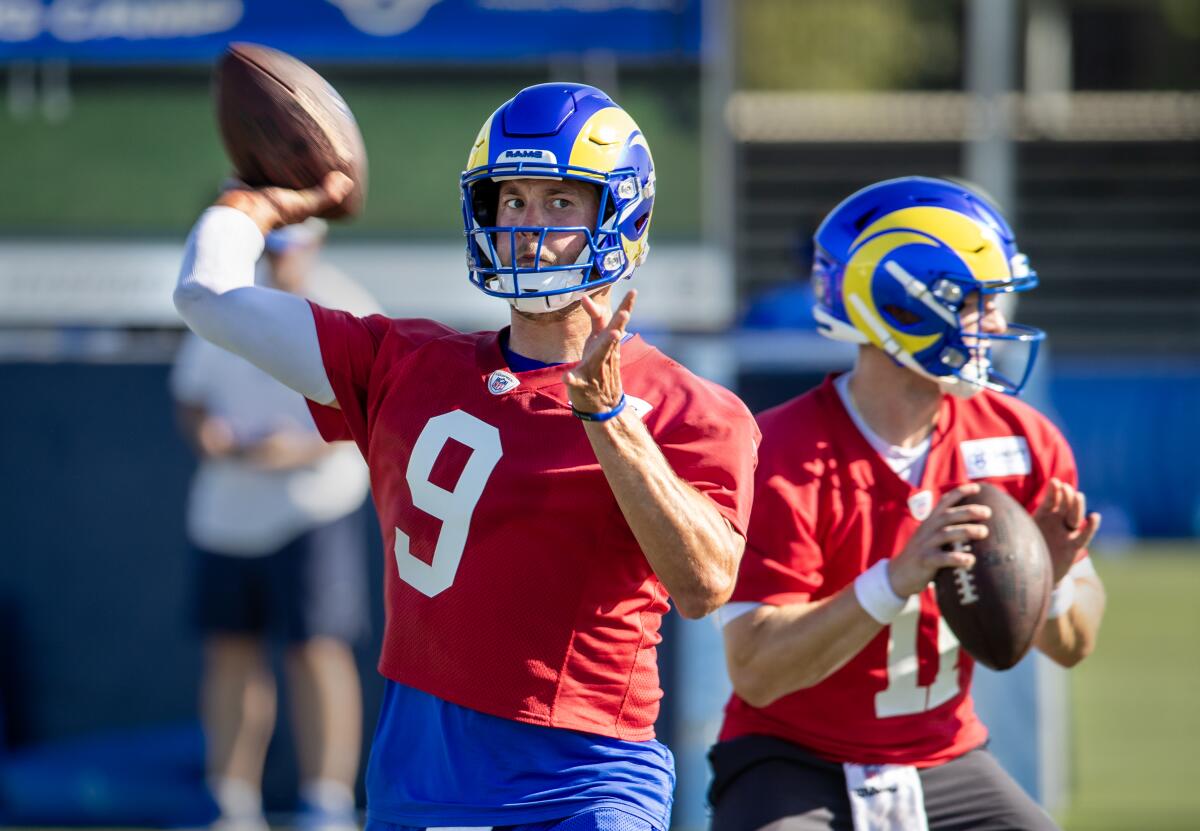 Rams quarterback Matthew Stafford passes in training camp in July.