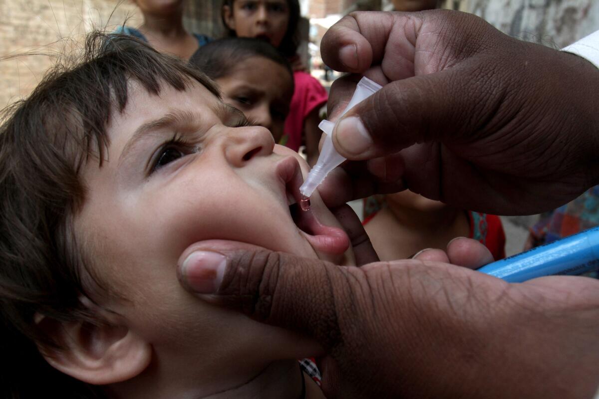 A health worker gives a polio vaccine to a child.
