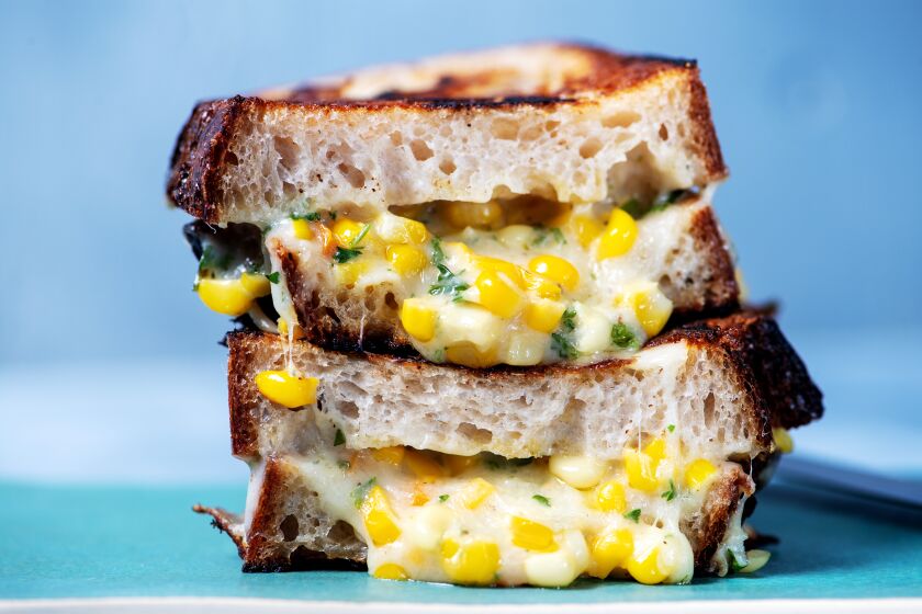 LOS ANGELES, CA-July 11, 2019: Korean Cheesy Corn Grilled Cheese recipe for Saturday Cooks on Thursday, July 11, 2019. (Mariah Tauger / Los Angeles Times / Prop styling by Nidia Cueva)
