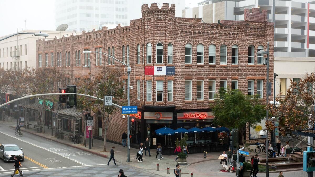 A three-story brick building could be required to undergo a seismic evaluation and retrofit, if necessary, if city leaders pass a new law. The city says there are 152 suspected unreinforced masonry buildings in Santa Monica. (Michael Owen Baker / For The Times)