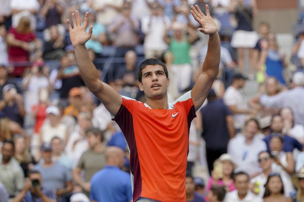 Carlos Alcaraz, of Spain, reacts after defeating Federico Coria, of Argentina, during the second round of the U.S. Open tennis championships, Thursday, Sept. 1, 2022, in New York. (AP Photo/Mary Altaffer)