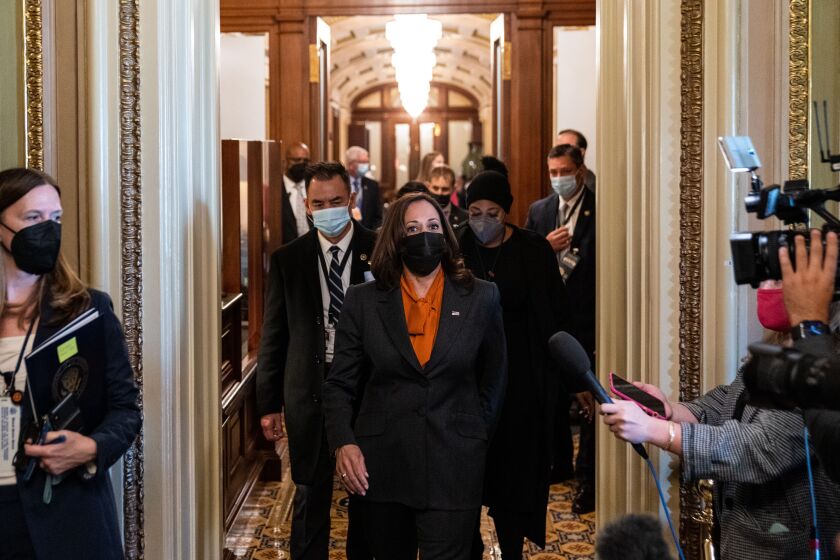 WASHINGTON, DC - NOVEMBER 03: Vice President Kamala Harris walks into the Senate Reception room after the failed cloture vote in the Senate on the John R. Lewis Voting Rights Advancement Act on Wednesday, Nov. 3, 2021 in Washington, DC. (Kent Nishimura / Los Angeles Times)
