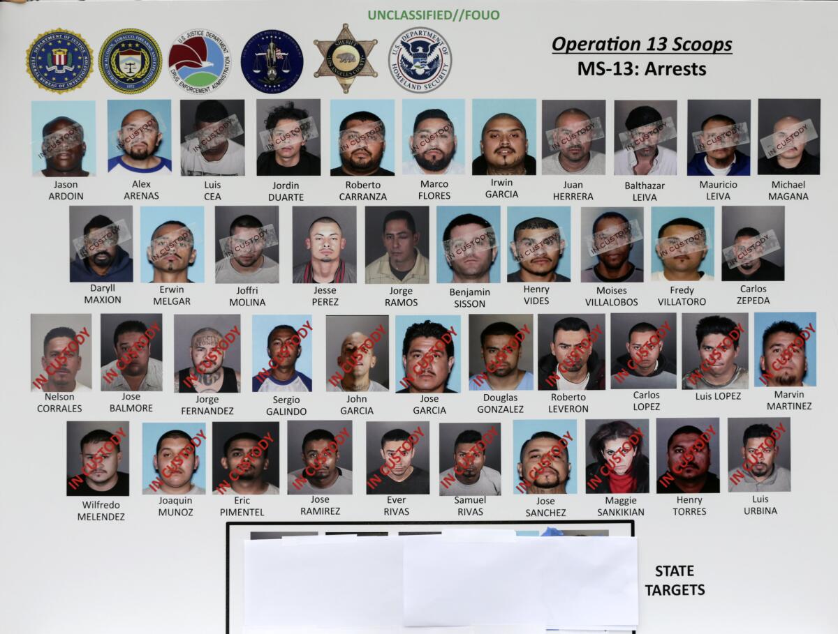 LOS ANGELES CA MAY 17, 2017 --- Roughly two dozen accused members of the violent MS-13 gang were arrested before dawn Wednesday as federal and local investigators forced their way into homes across Los Angeles County in a sweep that came as a result of a two-year racketeering investigation. (Irfan Khan / Los Angeles Times)