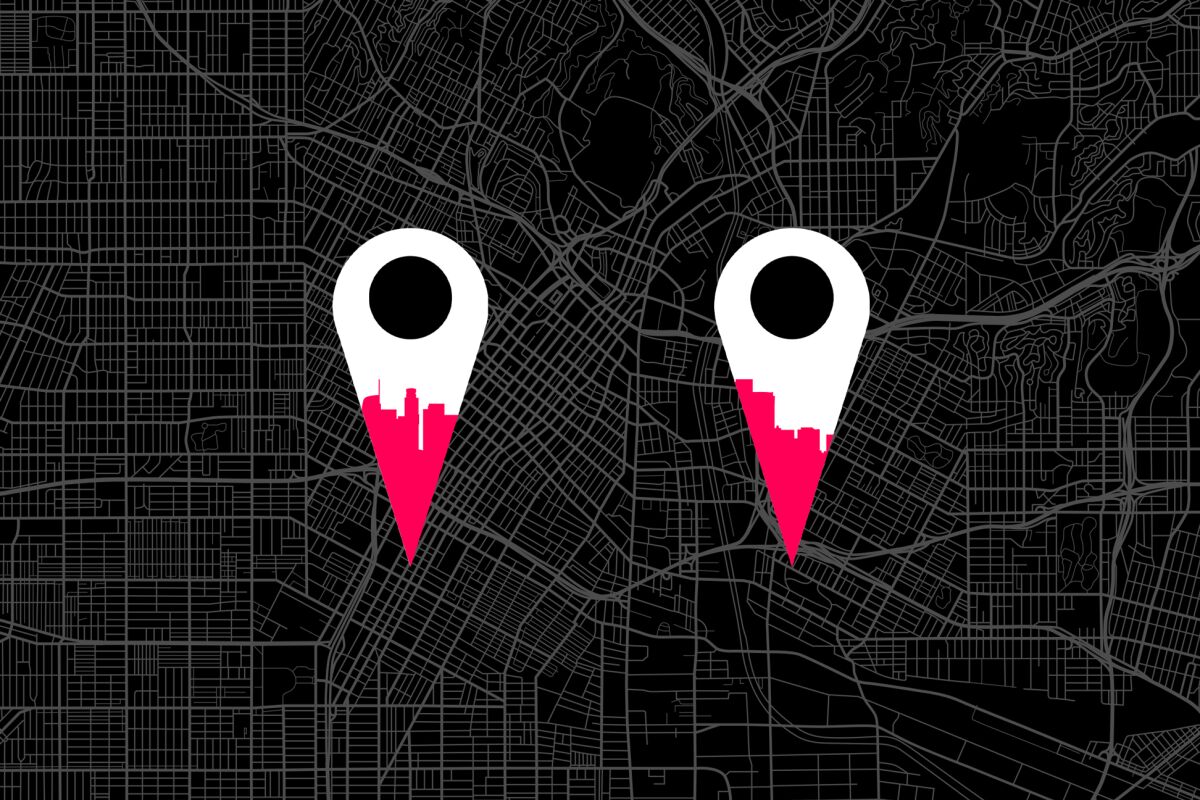 An illustration of two vampire teeth and map locator pins