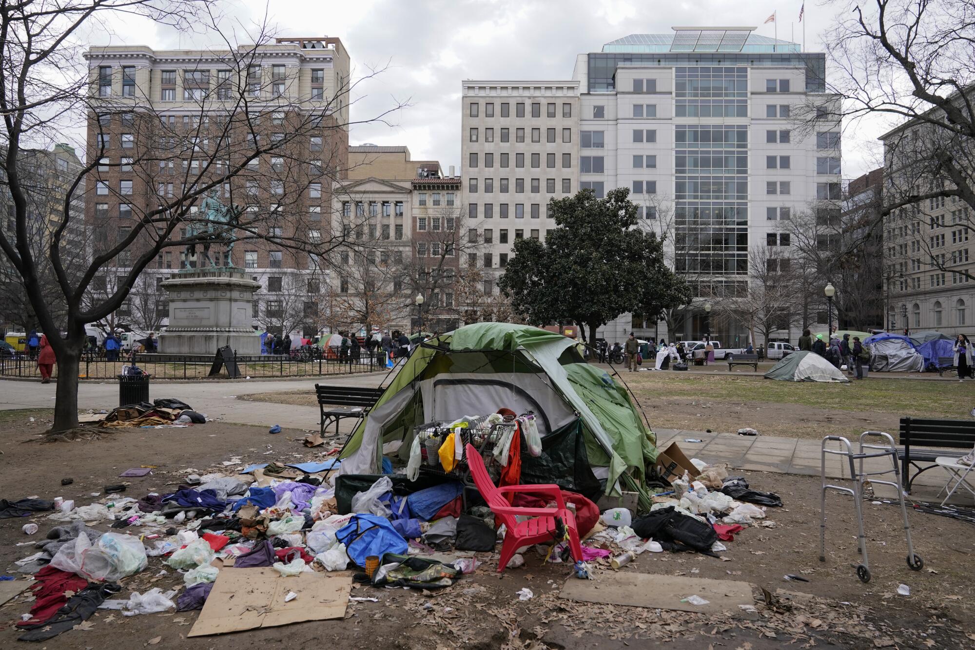 A tent and debris in McPherson Square in Washington, D.C.