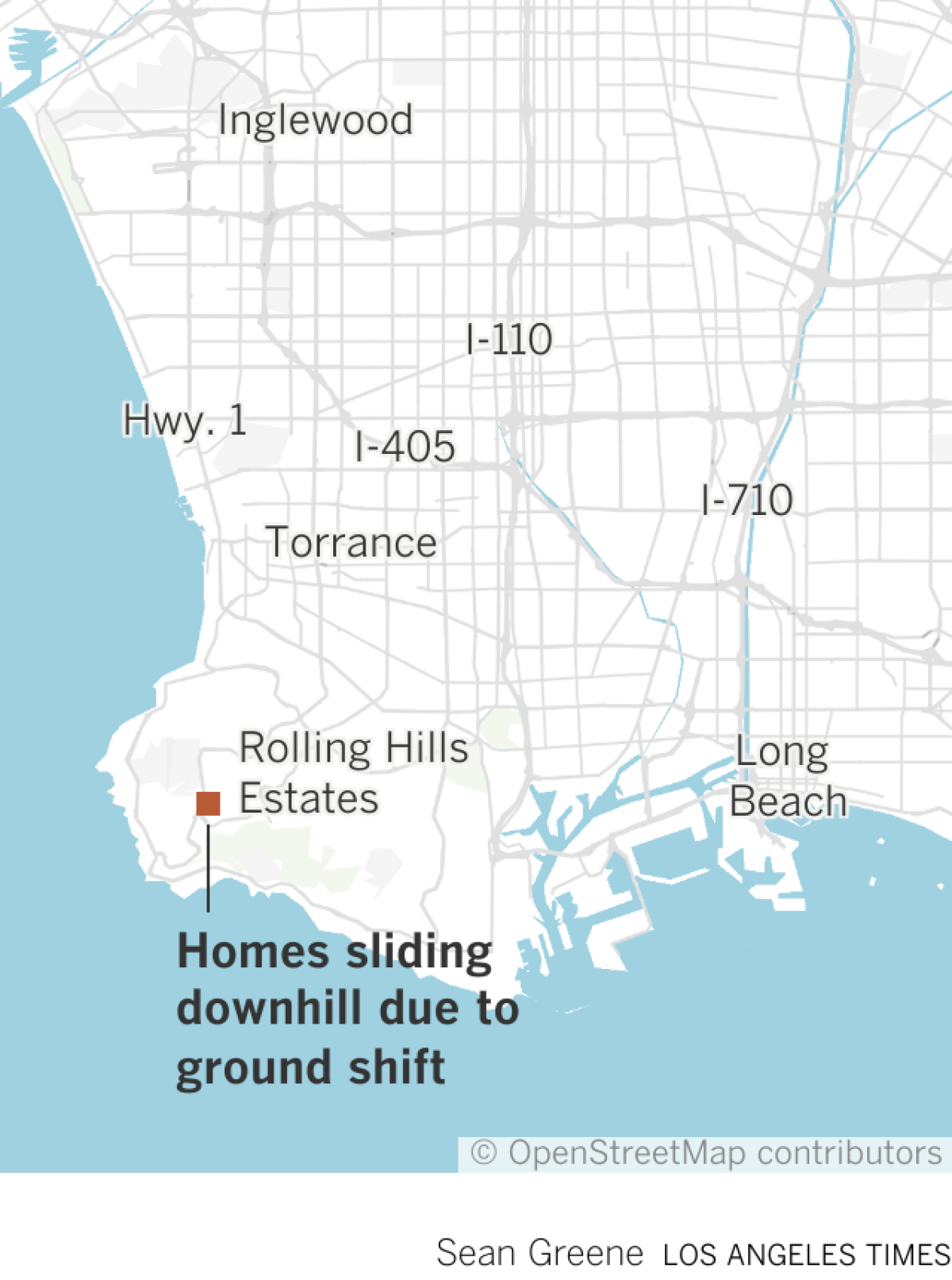 Map showing location of a ground shift that caused homes in Rancho Palos Verdes to slide downhill