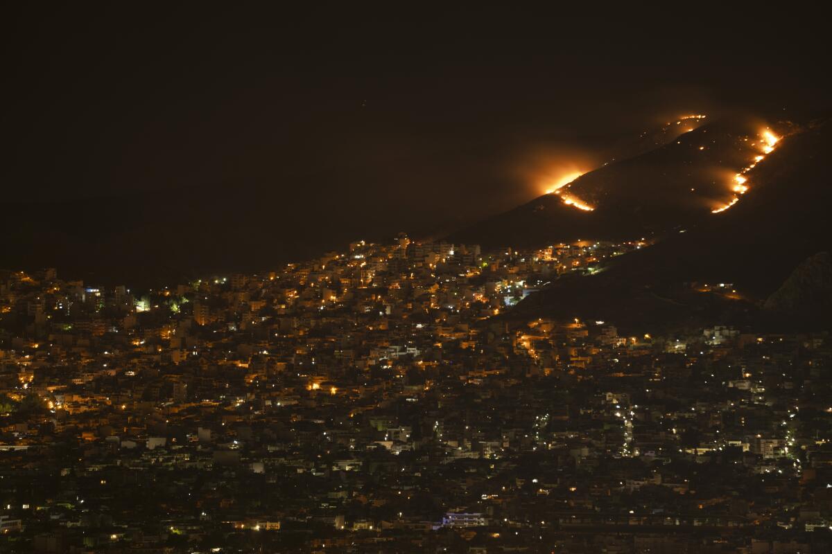 Brush fire on hillside near Athens