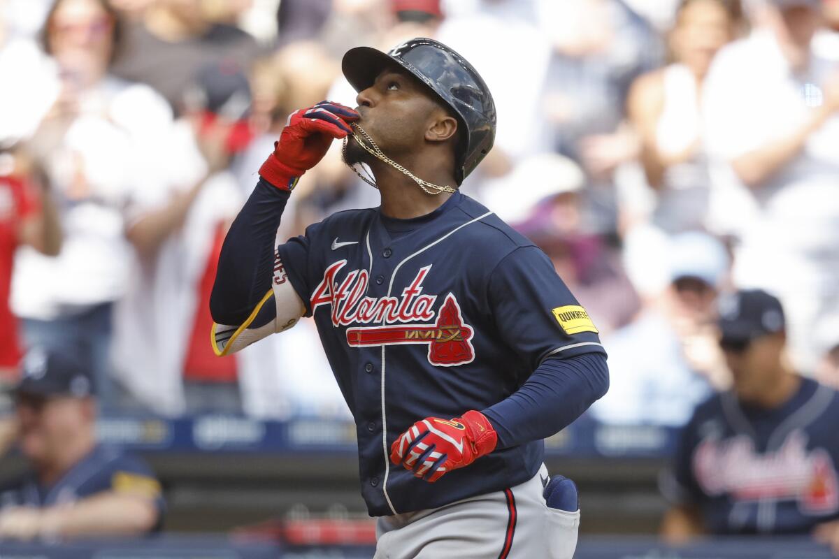 Atlanta Braves' Ozzie Albies plays during a baseball game, Tuesday