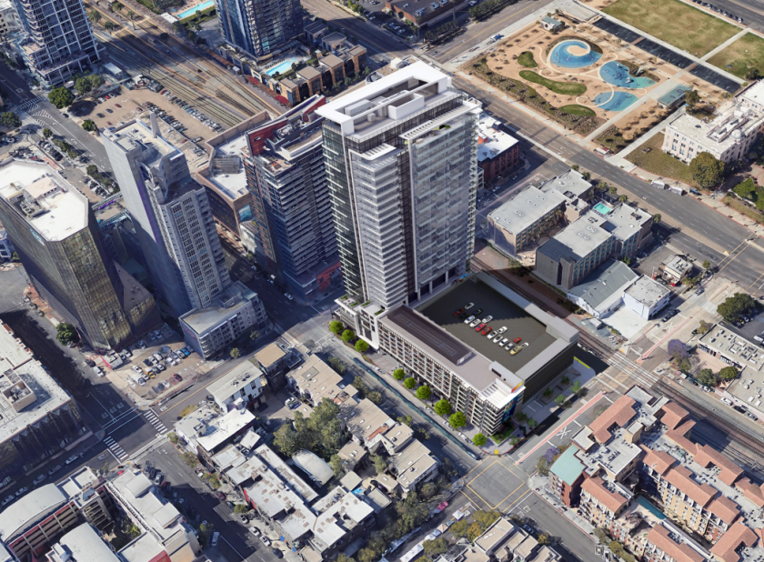 The plan for a new Little Italy building includes a 30-story building with 265 market rate apartments, an 8-story building with 63 subsidized apartments for seniors, and 5,115 sq feet of retail space. It is on the corner of Cedar and Kettner, which is the site of a five-story County parking garage.