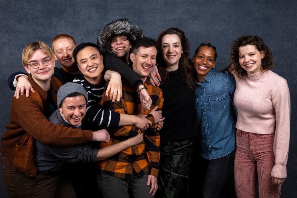 Actors Jac Bernhard, Maxton Miles Baeza, Bobbi Salvor Menuez and Leo Sheng, director Rhys Ernst, and actors Nicholas Alexander, Dana Levinson, Alisha B. Woods and Chloe Levine, from the film, "Adam," photographed at the Sundance Film Festival.