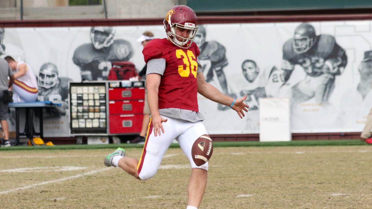 Chris Tilbey kicks the football during his first practice with USC on Tuesday at Howard Jones Field.