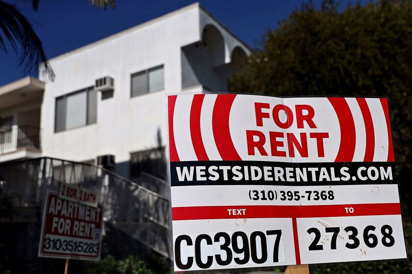 A for rent sign is posted in front of an apartment building on Feb. 1, 2017, in Los Angeles, Calif.