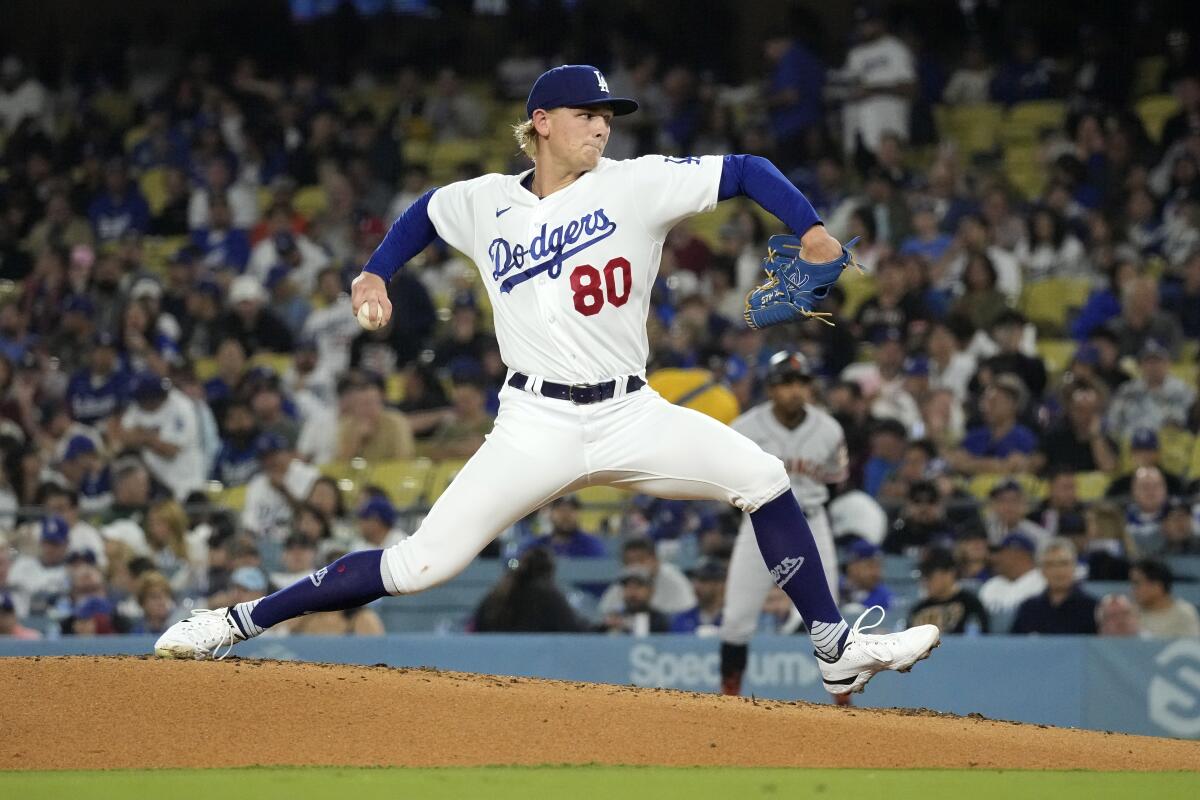 Dodgers pitcher Emmet Sheehan throws a pitch 
