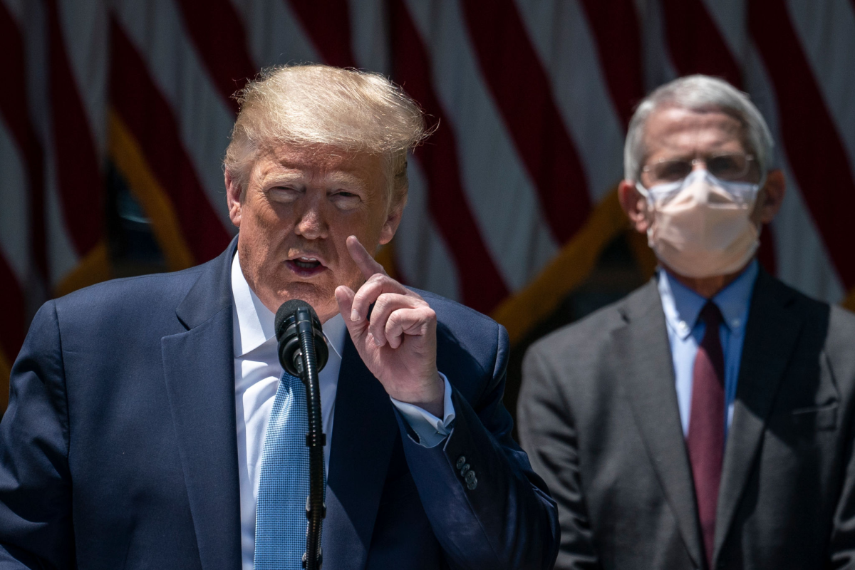 President Trump speaks during a news conference in front of Dr. Anthony Fauci.