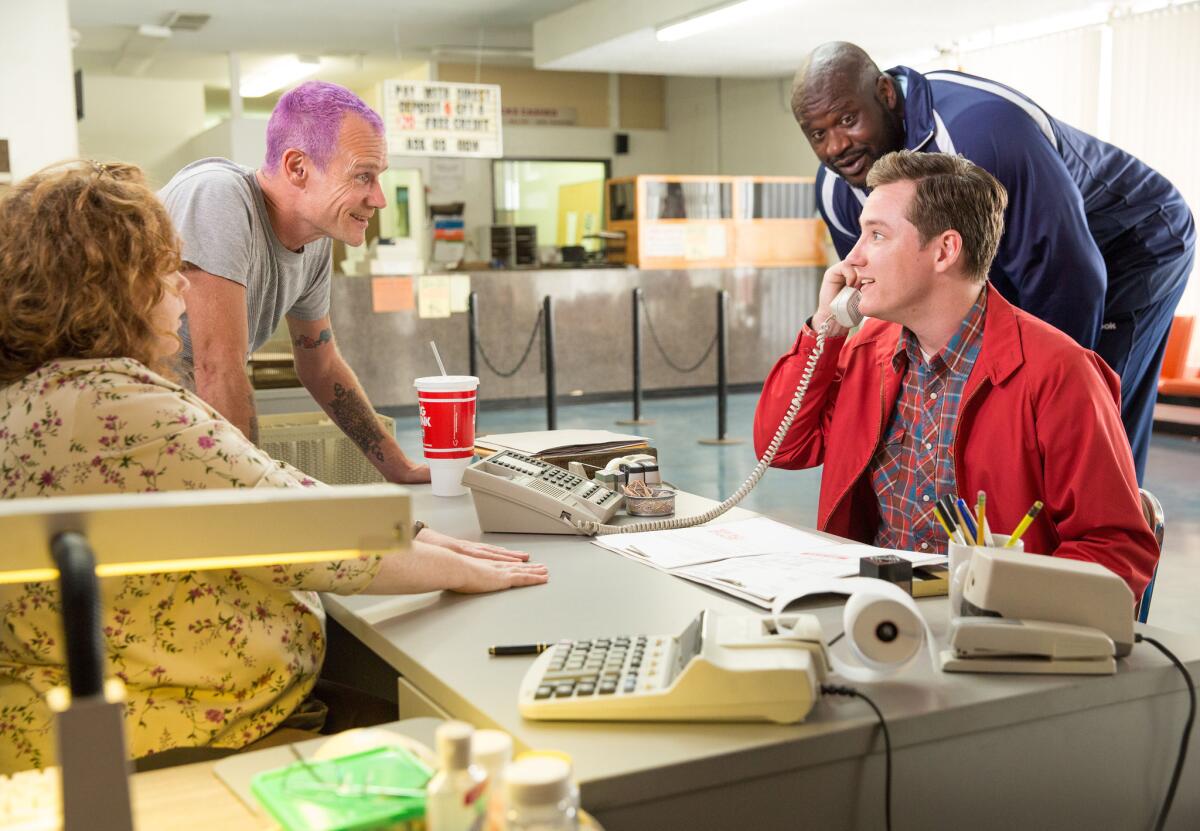 Flea, left, and Shaquille O'Neal are among the celebrity imaginary friends sweetening the life of a teenager (Lewis Pullman) in "Highston," one of the Amazon's Fall 2015 pilots. (Greg Gayne)
