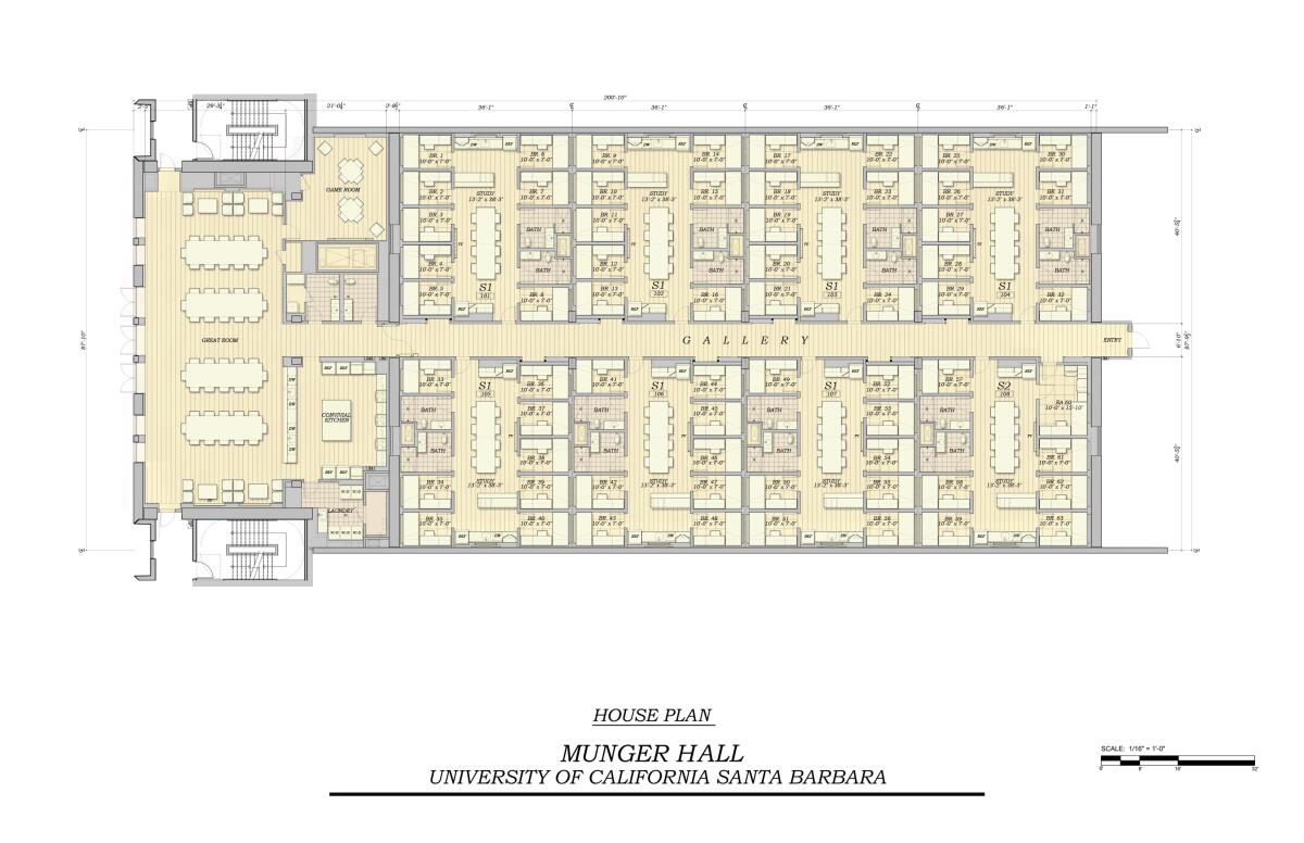 An overhead floorplan shows tiny bedroom areas centered around social spaces in the interior of a building