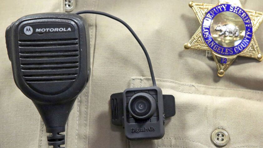 A body camera on the uniform of a Los Angeles County Sheriff's deputy.